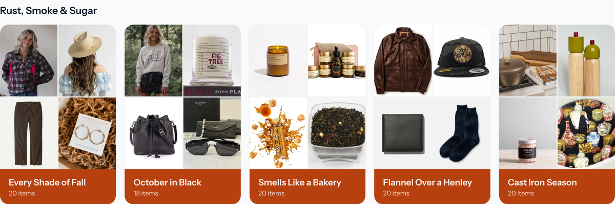 The Mahhala homepage theme row showing a short run of curated board covers with a warm accent tint behind them
