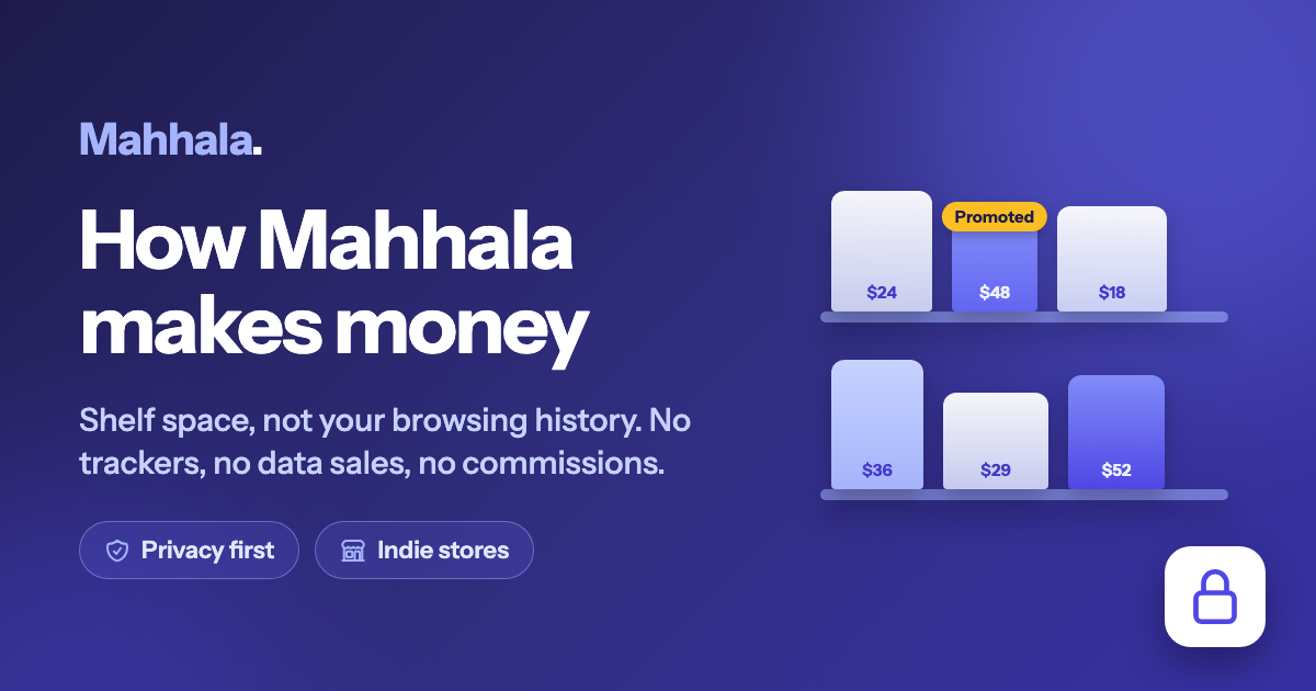 Two shelves of priced product cards, one of them tagged Promoted, beside the headline How Mahhala makes money