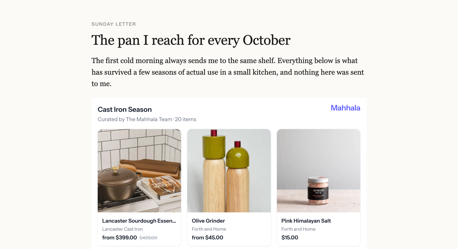 A Mahhala board embedded inside a newsletter post: a grid of product cards with store names and prices, rendered in Instrument Sans on a light background that matches the surrounding article